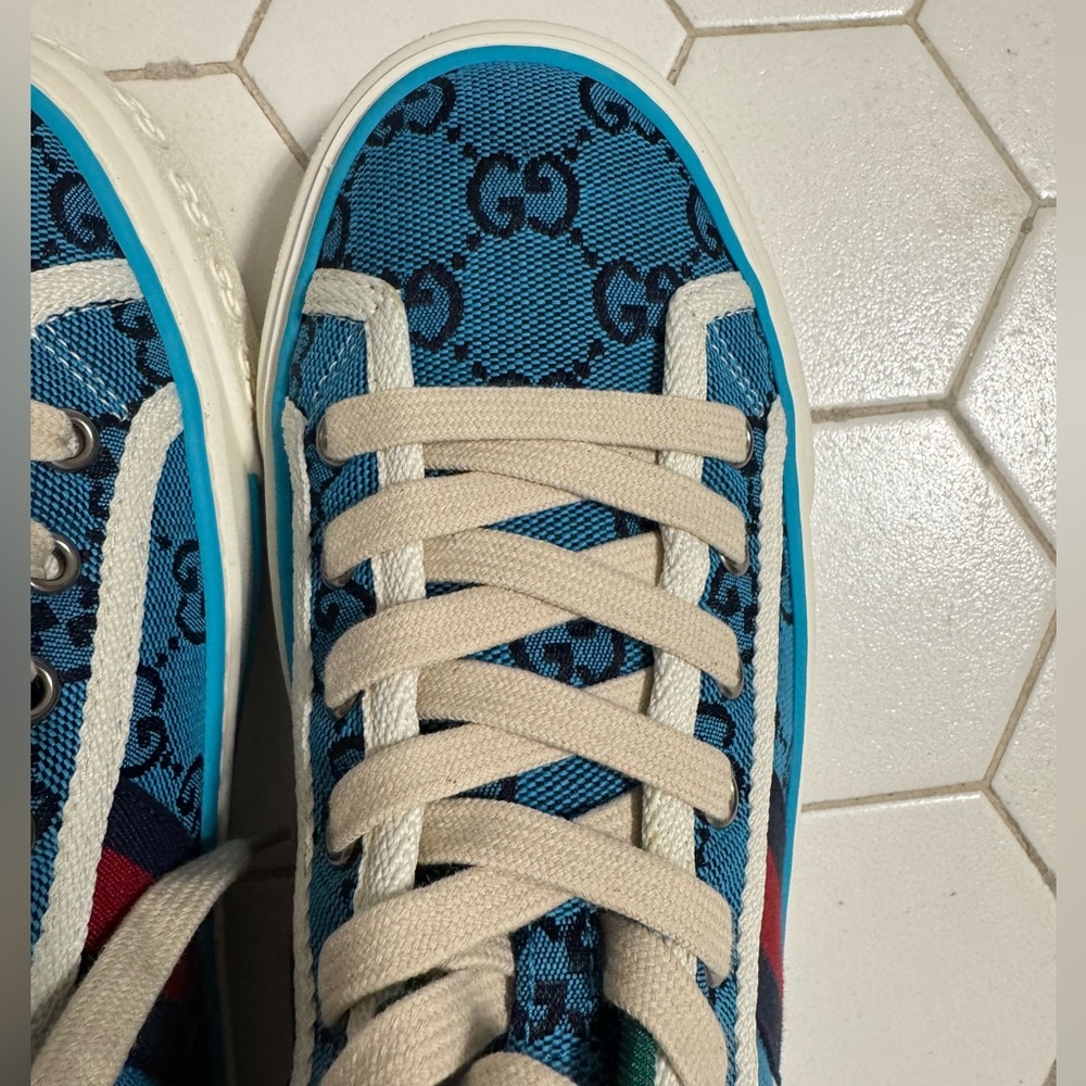 Gucci Teal/Blue Canvas Patterned High-Top Sneakers - Picture 8 of 16